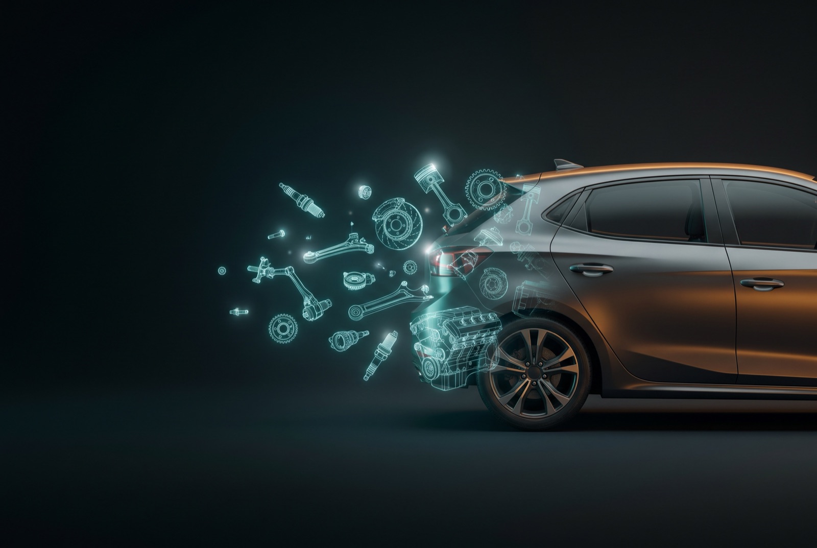 Un'auto che si scompone in ricambi disegnati in stile wireframe, su fondo scuro.
